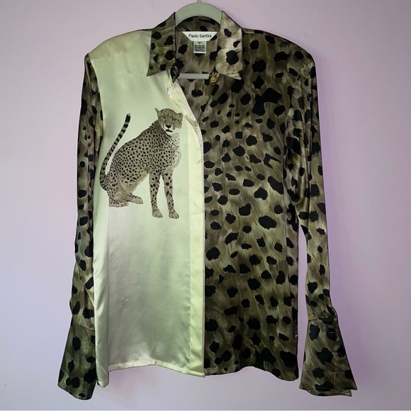 Paolo Santini Size 8 Silk Animal Print Button Up Top Leopard Collar - Picture 1 of 8